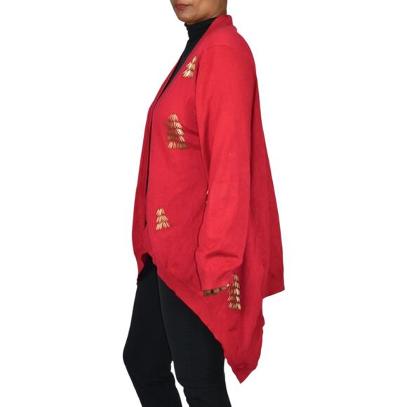 Michael Simon Cardigan Sweater Red Duster Beaded Christmas Asymmetric Plus 1X - Picture 6 of 15